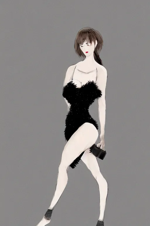 Image similar to full body aesthetic digital illustration of a beautiful young woman walking a runway in a furry little black dress, by wlop and Julia Razumova, realistic, photorealistic, , deviantArt, trending on artstation, artstation HQ