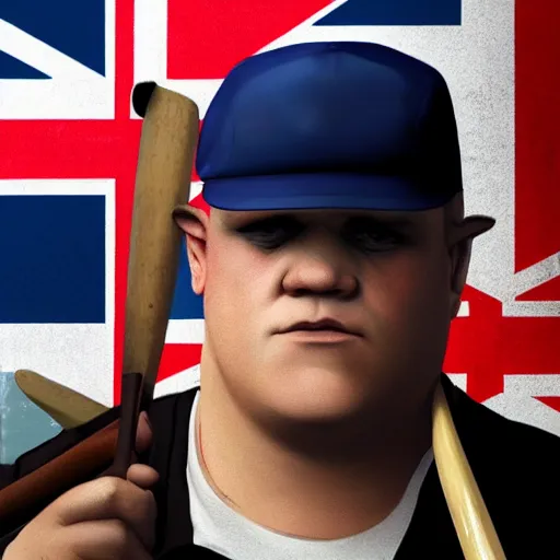 Image similar to a close up portrait of a british bully with a bat in one hand and the brexit flag in the other one, 2d, ultra highly detailed, digital painting, smooth, sharp focus, artstation, pixiv, art by Ilya Kuvshinov