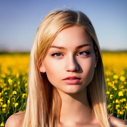 Prompt: photo of very attractive very beautiful very slim blonde girl ,face close-up,20years old,spotless skin,in a flowery field,very high detail,sharp, 35mm art lense, award winning, magazine cover, golden hour