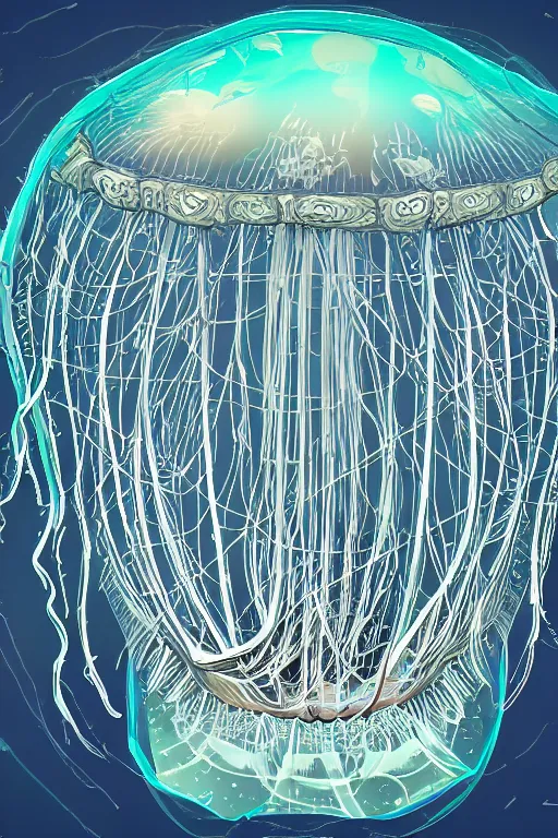 Image similar to the world inside a jellyfish, symmetrical, highly detailed, digital art, sharp focus, skeleton, trending on art station