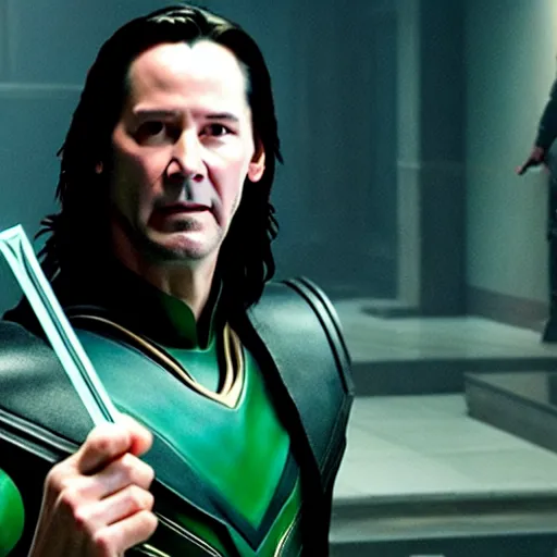 Image similar to film still of Keanu Reeves as Loki holding scepter in Avengers Endgame