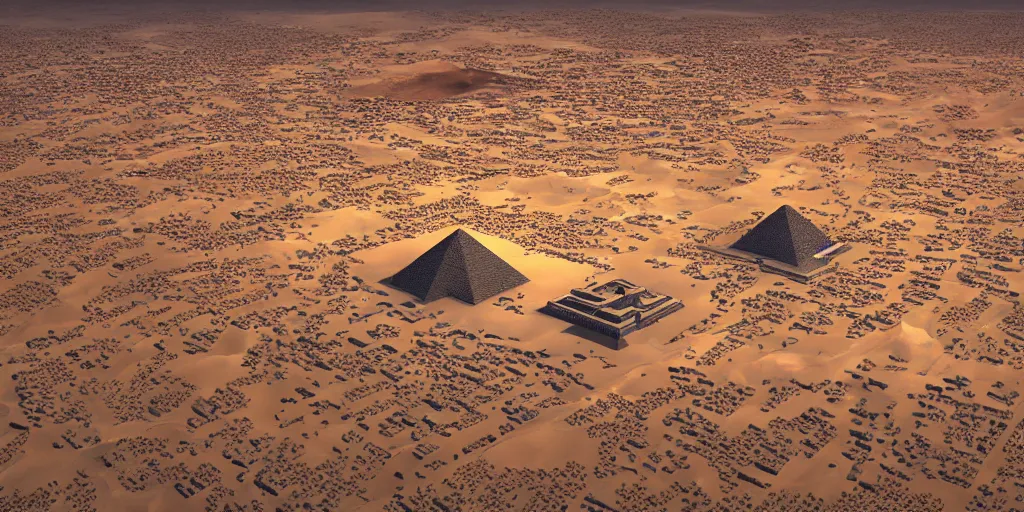 Image similar to a city in the desert with a pyramid in center, ziggurat, fantasy, hyper realistic, dramatic lighting, cinematic, 35mm lens, 8k,