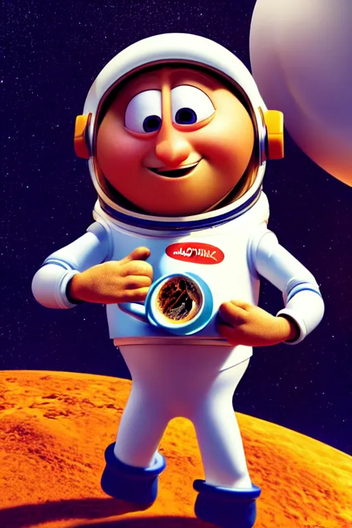 Prompt: portrait of a astronaut holding a cup of coffee with the space in background, full body. pixar disney 4 k 3 d render funny animation movie oscar winning trending on artstation and behance, ratatouille style