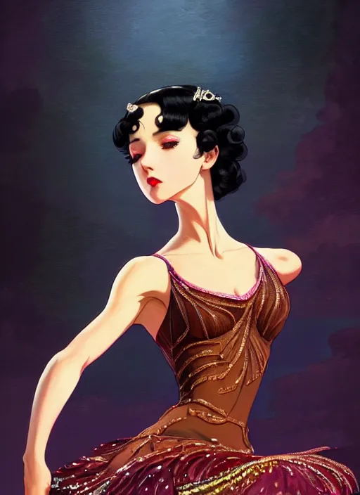 Image similar to a beautiful dancer with black hair in 1920's fashion, ballroom background, intricate, highly detailed, digital painting, artstation, official media, anime key visual, concept art, rich vivid colors, ambient lighting, sharp focus, illustration, art by Artgerm, Makoto Shinkai, Ilya Kuvshinov, Lois Van Baarle, and Rossdraws