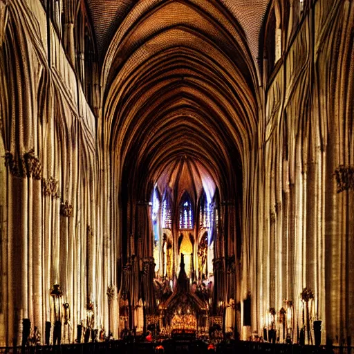 Image similar to Notre Dame interior. chocolate over a pedestal illuminated by a ray of light from a cathedral window. Wide Perspective. Realistic. Fantasy art