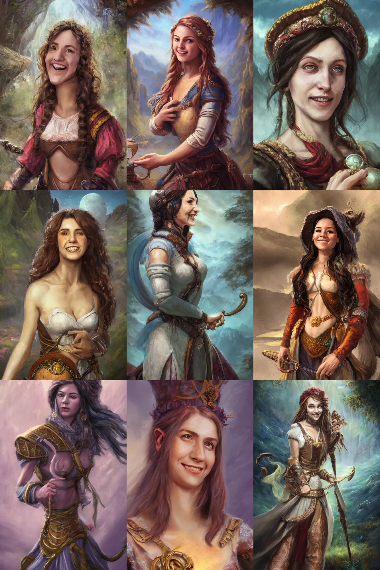 Image similar to a full body high detail fantasy portrait oil painting illustration of a single beautiful smiling bard woman by justin sweet with face and body clearly visible, in a scenic background, pretty eyes, realistic proportions, d & d, rpg, forgotten realms, artstation trending, high quality, sombre mood, artstation trending, muted colours, entire person visible!