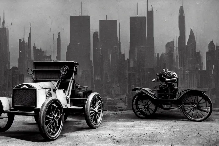 Image similar to cyberpunk 1 9 0 8 model ford t by paul lehr, metropolis, parked by view over city, vintage film photo, robotic, black and white photo