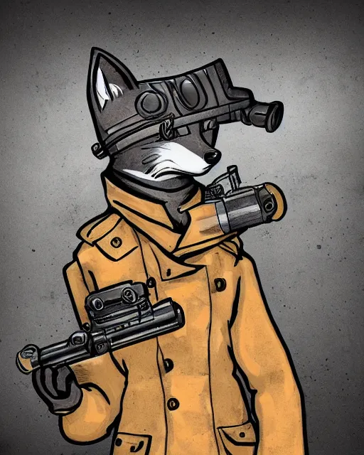 Prompt: a fox wearing a black trench - coat holding a mini - gun, comic art style, digital art,