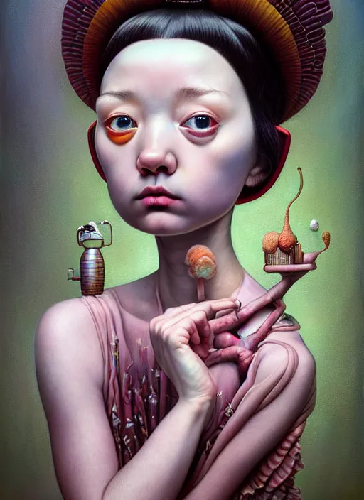 Image similar to hyper detailed 3d render like a Oil painting female kawaii portrait by Jacek Yerka, Ray Caesar, Benjamin Lacombe,Mariusz Lewandowski, Houdini algorithmic generative render, Abstract brush strokes, Masterpiece, Edward Hopper and James Gilleard, Zdzislaw Beksinski, Mark Ryden, Wolfgang Lettl, hints of Yayoi Kasuma, octane render, 8k