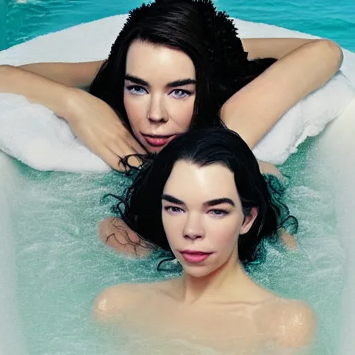 Prompt: stunning vogue magazine photo of dark - haired goddesses vanessa kirby, hailee steinfeld, and bjork smiling, legs intertwined, in a bubble bath, with wet faces!!, wet lips, smooth skin, perfect eyes, insanely detailed, elegant, by wlop, rutkowski, livia prima, mucha, wlop,