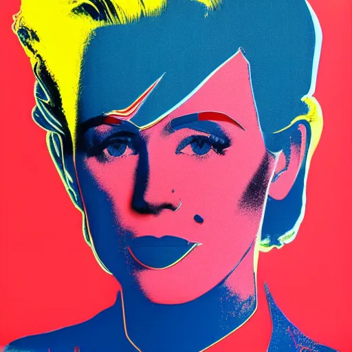 Image similar to silkscreen and lithography to create colorful cyborgs in the style of andy warhol