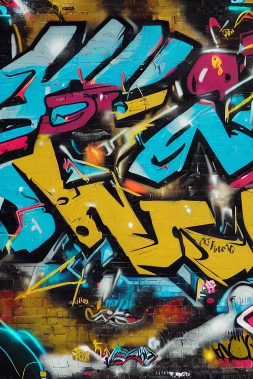 Image similar to extreme graffiti tag mural maximalism, yellow, brown, black and cyan color scheme, octane render