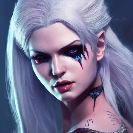 Prompt: an epic portrait of evelynn as a witcher, witcher design, beautiful face, detailed face, white hair, epic fantasy art, trending on artstation, deviantart, high detail, high definiton, ultra realistic, high quality, ultra quality, hyper realistic, 4 k uhd,