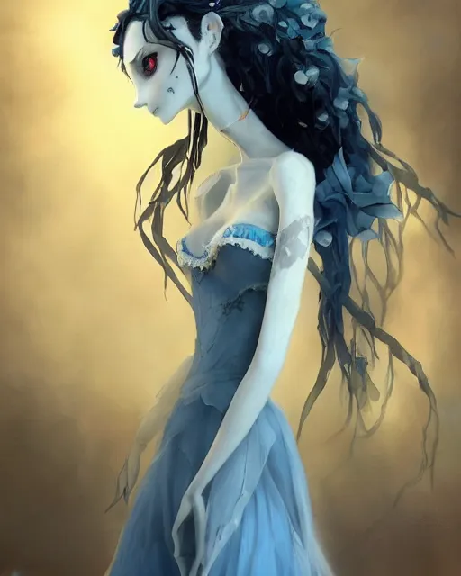 Image similar to elegant mysterious solemn zombie victoria everglot from the corpse bride, portrait, illustration, rim light, top light, summer clear blue sky, perfectly shaded, soft painting, art by krenz cushart and wenjun lin