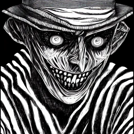 Image similar to Freddy Krueger portrait in the style of Junji Ito. Manga. Black & White. Gothic. Horror. Exquisitely detailed. 4K.