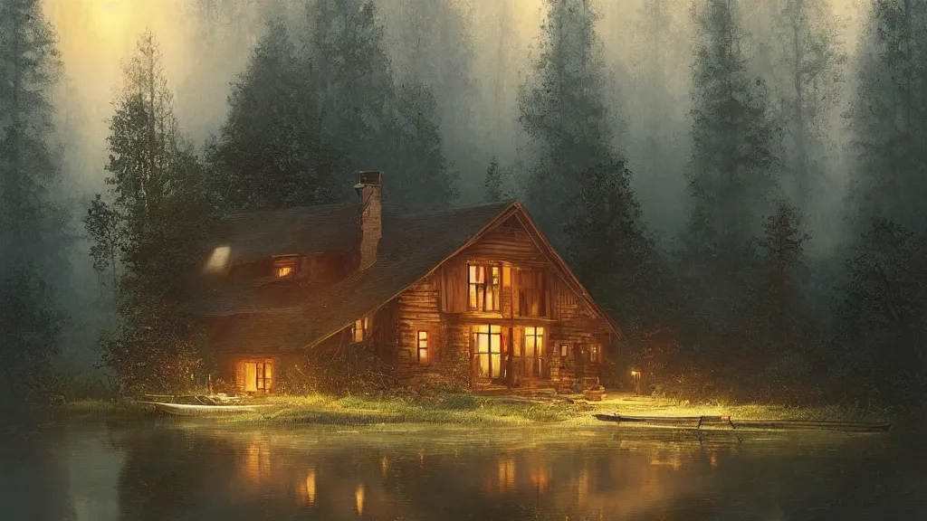 Image similar to small wooden cottage in the forest at night, smoke coming out of the chimney, nocturnal, redwood trees, peaceful, river running past the cottage, a wooden rowing boat, galaxy in the night sky, by charlie bowater, by greg rutkowski