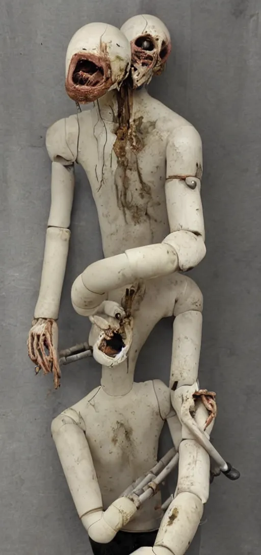 Image similar to a disfigured mannequin figure made out of clean pipes and machinery, horror, body horror, creepy, dark, disturbing, unsettling, hyperrealistic, dramatic,