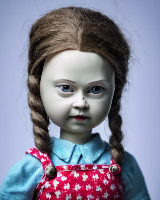 Image similar to high quality presentation photo of a cute greta thunberg porcelain doll in the style of mark ryden photography 4k, f1.8 anamorphic, bokeh, 4k, Canon, Nikon