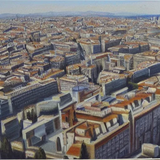 Image similar to bird's eye view of Madrid from Azca, realist painting by Isabel Quintanilla, 1981, W 768