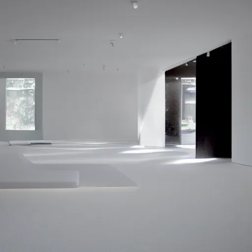 Prompt: a series of interconnected empty white rooms with soft white lighting and a fluffy clean white carpet