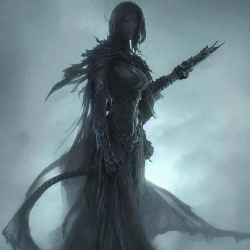 Image similar to kerli koiv as grim reaper, grimdark, darkwave, darksynth, concept headshot art, sharp, digital matte painting, art by luis royo, greg rutkowski, wlop, dramatic lighting, trending on artstation