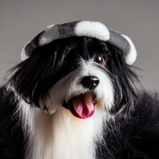 Prompt: closeup photo of a smiling black coton-de-tulear dog with black fur, smoking a pipe and wearing and a fluffy hat, dramatic lighting