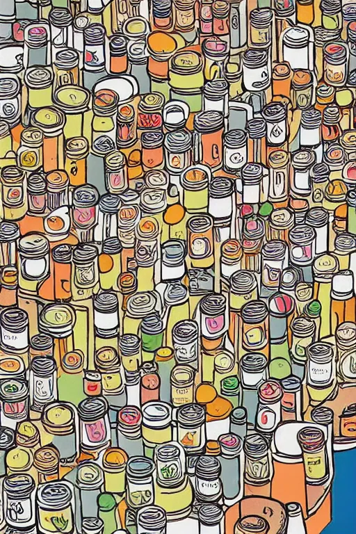 Image similar to mcbess illustration of a old shop full of jars of sweets, rainbow gouache