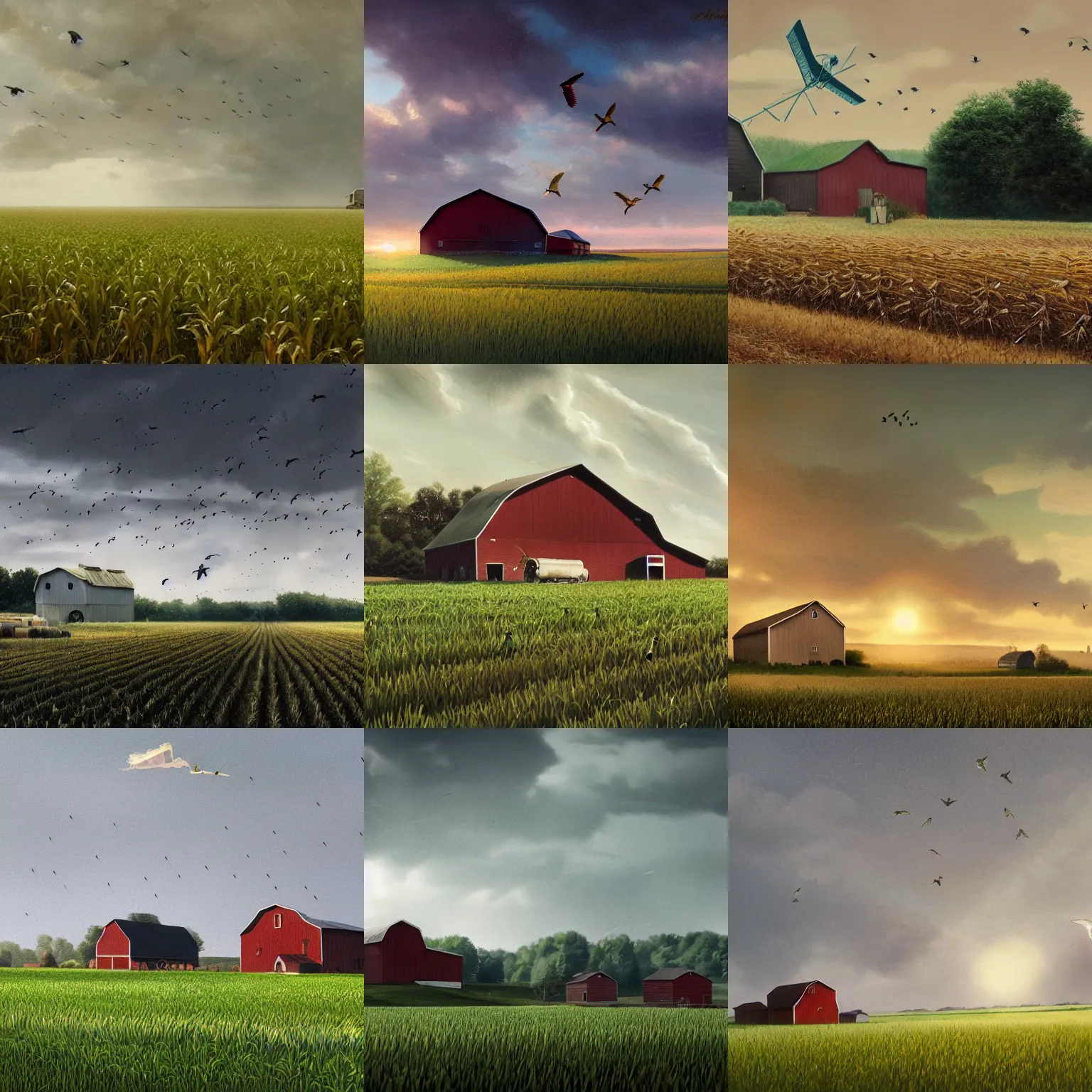 Prompt: a 1 9 5 0's farm in wisconsin, tall corn in the foreground, barn in the background, birds in the sky, one large biplane in the sky, raining, volumetric light, cinematic, trending on artstation, in the style of greg rutkowski