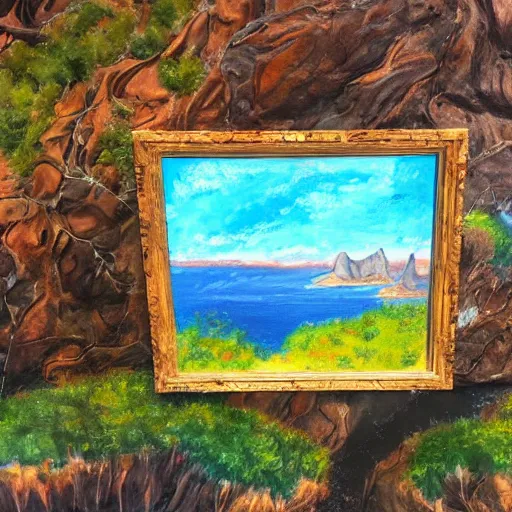 Image similar to rough acrylic painting of a lush natural scene on an alien planet by darien bogart. beautiful landscape. weird vegetation. cliffs and water.
