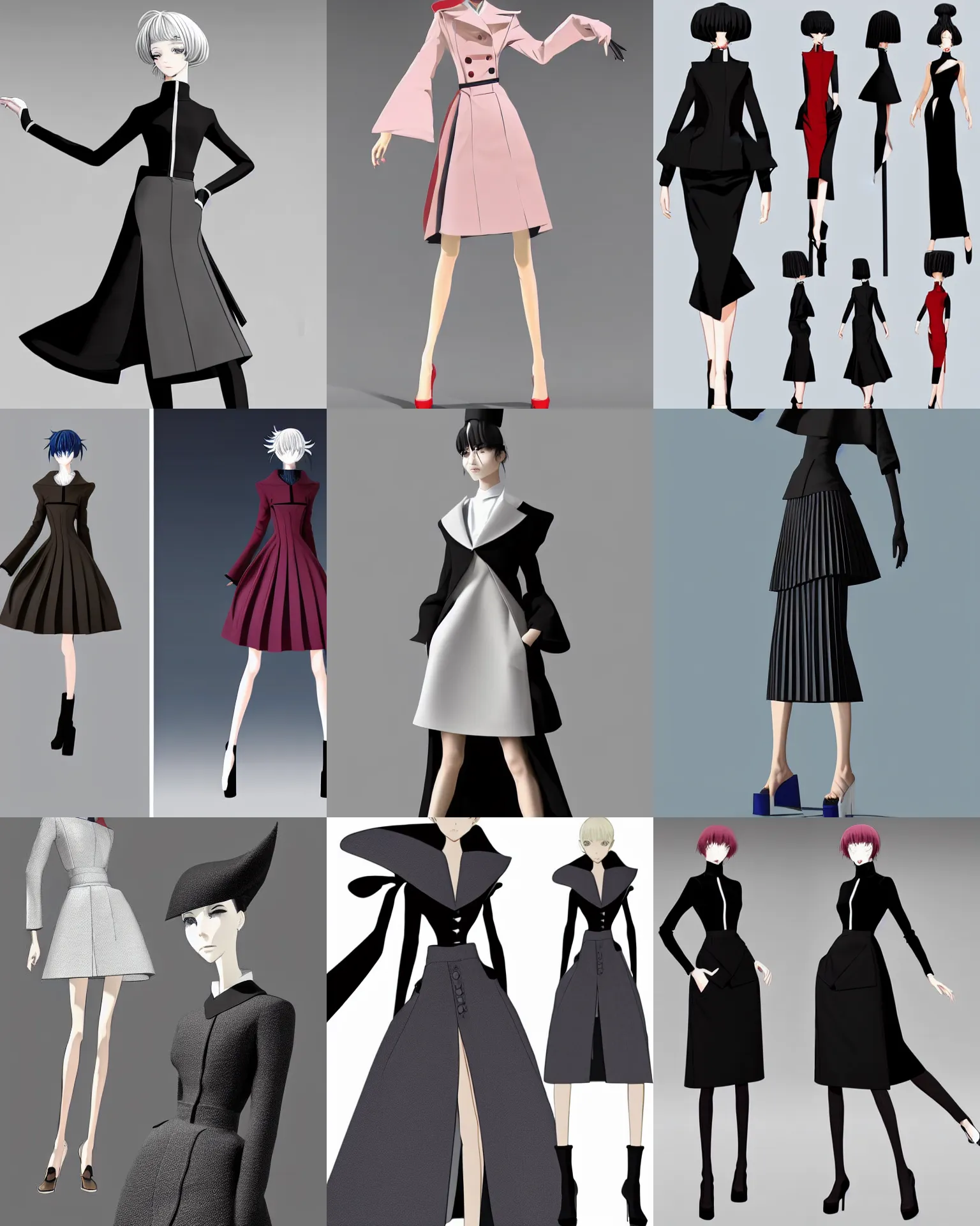 Prompt: designer anime stylized figure haute couture collection light textiles, aesthetic palette, body fitted dart manipulation, loose coat collar sailor uniform, midi skirt, coated pleats, synthetic curves striking pose, stylized dynamic folds, cute huge pockets, intriguing volume flutter, youthful, modeled by modern designer bust, expert composition, professional retouch, editorial photography