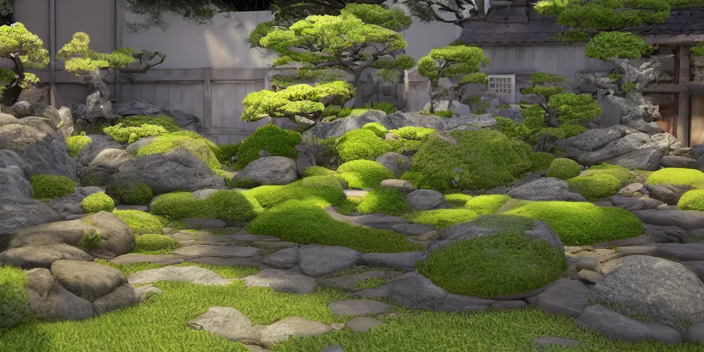 Image similar to i, a detailed Japanese yard, 8k, high definition, trending on artstation