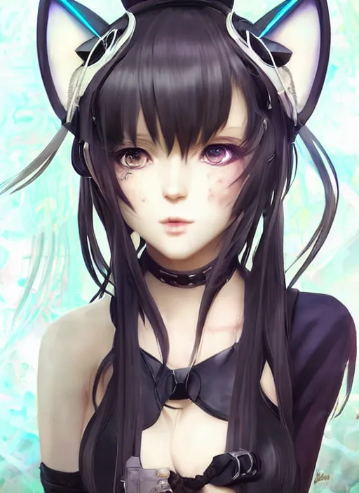 Image similar to cyberpunk nekopara fantastically detailed eyes cute girl portrait with fantastically detailed cat ears!!!!!!!!!!!! dressed like a cat modern anime style, made by Laica chrose, Mina Petrovic, Ross Tran, WLOP, Ruan Jia and Artgerm, Range Murata and William-Adolphe Bouguereau, unreal Engine Fantasy Illustration. award winning, Artstation, Hyperdetailed, 8k resolution ethereal bloom effect in pastel colours