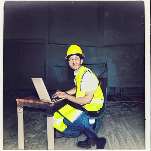 Image similar to a polaroid photo of man using a laptop inside in warehouse, he sitting on chair and small table, he's wearing blue cloth and construction hat behind him is a very scary monster, photo from behind, highly details, perfect face shape, cinematic lighting,