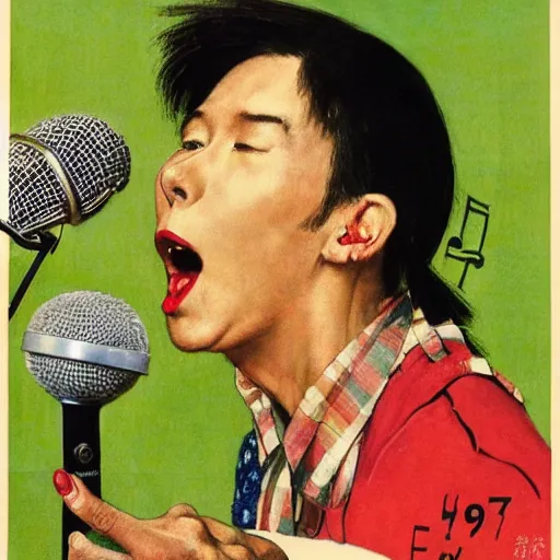 Prompt: A norman rockwell portrait illustration about a japanese 1980 idol singer singing to a microphone