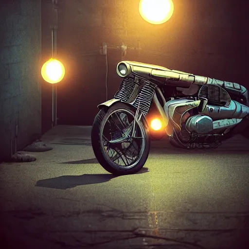 Image similar to retro futuristic vintage motorcycle, atmospheric lighting, painted, intricate, volumetric lighting, beautiful, daytime, sunny weather, slight overcast, sharp focus, deep colours, ultra detailed, by leesha hannigan, ross tran, thierry doizon, kai carpenter, ignacio fernandez rios