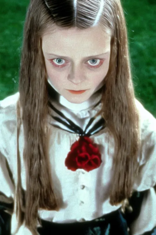 Image similar to Young Jodie Foster as Wednesday in The Addams Family 1991