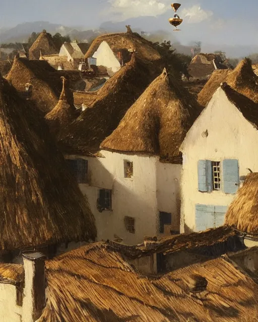 Prompt: Painting by Greg Rutkowski, a big ceramic jug with a gold ornament flies high in the night dark blue sky above a small village with white houses under thatched roofs