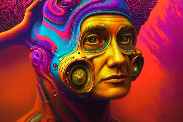 Image similar to An extremely psychedelic experience, colorful, surreal, dramatic lighting, cosmonaut, LSD, face, detailed, intricate, elegant, highly detailed, digital painting, artstation, concept art, smooth, sharp focus, hyper detailed golden ratio illustration, rich deep colors. masterpiec, Beksinski paintin, art by Sam Spratt, San Mumford, Artem Demura and Alphonse Mucha