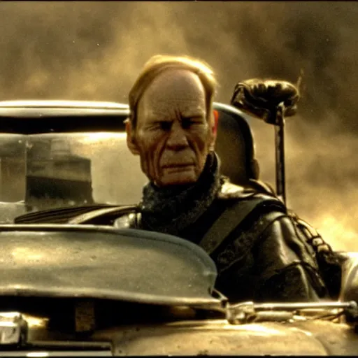 Prompt: William Tecumseh Sherman sitting in the driver's seat in Mad Max Road Warrior, interior, screenshot, cinematic Eastman 5384 film