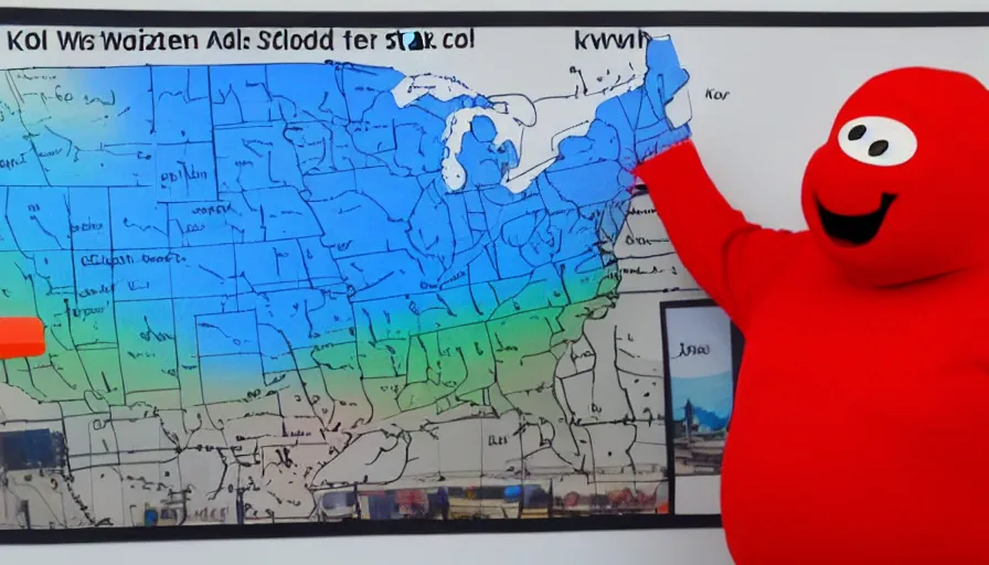 Image similar to kool - aid man as a weather man in front of a weather map