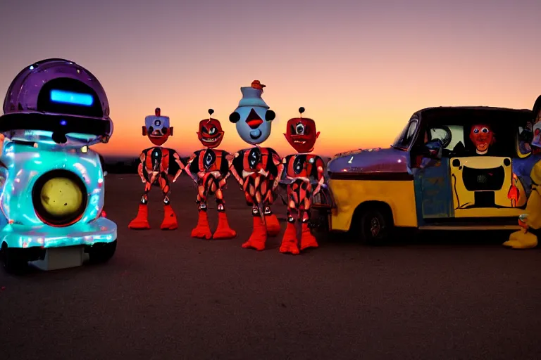 Image similar to 2 0 clowns - robots leaving a clowncar at a california drive in, in 2 0 1 2, cutecore clowncore, bathed in the the glow of the sunset, low - light photograph, in style of tyler mitchell