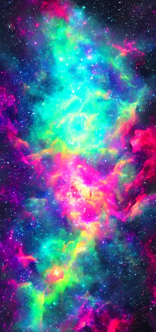 Prompt: Deep space scene nebula. Artgerm. psychedelic. neon colors