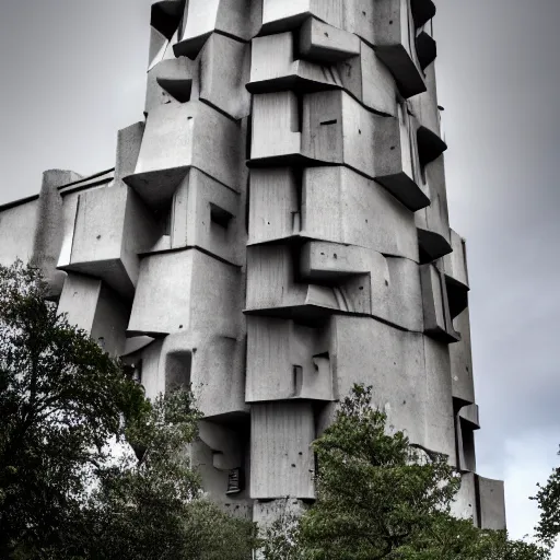 Image similar to a giant brutalist tower built in brutalist architecture, diverse unique building geometry full of shapes and corners, with a smaller base than the top of the tower, slowly growing in width as we get higher
