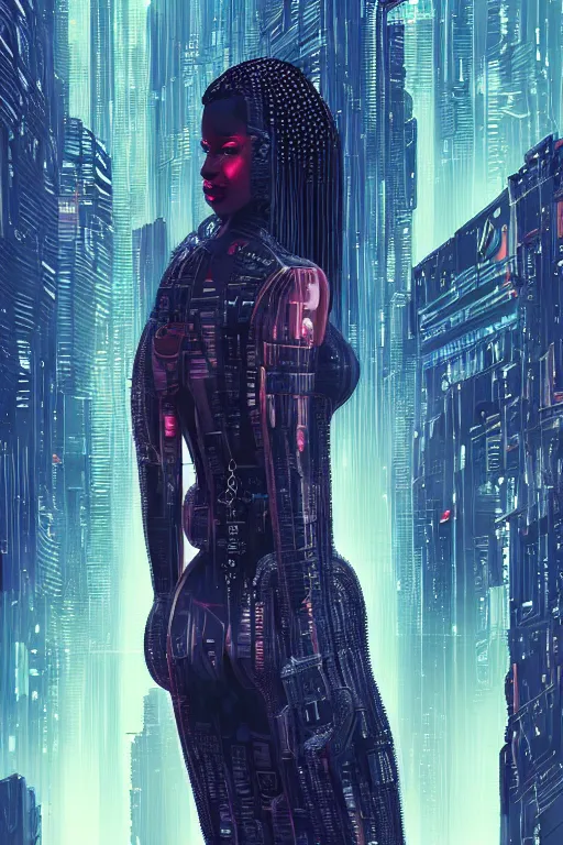 Prompt: a beautiful young Black woman, cyberpunk, Blade Runner city background, highly detailed, artstation, illustration, art by Gustav Klimt