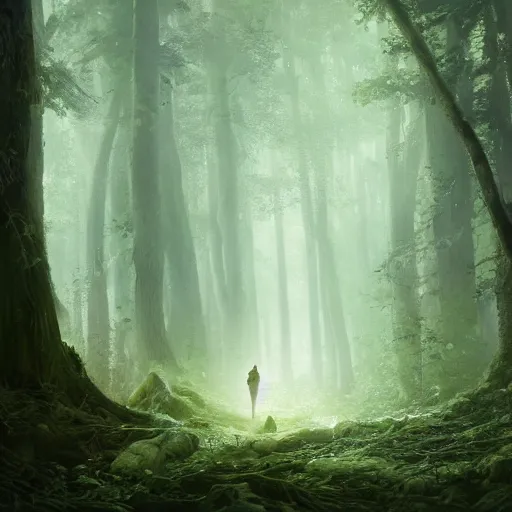 Prompt: a wide shot of beautiful greek goddess in a bioluminescent ancient dark forest, greg rutkowski, 8 k, shallow depth of field, ultra high detail, concept art,