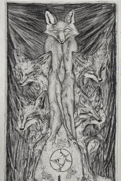 Prompt: realistic medieval etching of the fox of chaos, high detail, elaborate composition, quality draughtmanship, detailed faces. by austin osman spare, occult art, alchemical diagram