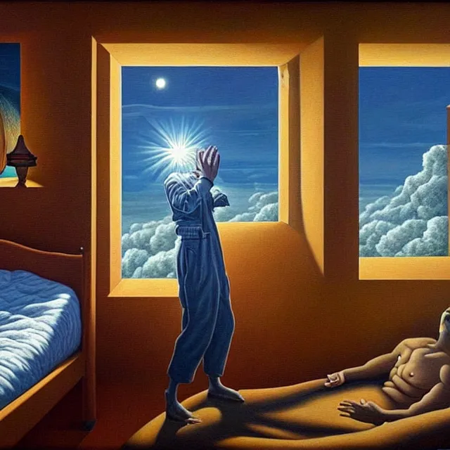 Image similar to an oil on canvas portrait of a man waking up and the sun is shining through the window, surrealism, surrealist, lovecraftian, cosmic horror, rob gonsalves, high detail