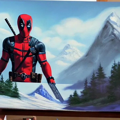 Image similar to a closeup photorealistic photograph of bob ross working on a canvas painting of deadpool. film still. brightly lit scene. mountains and trees. this 4 k hd image is trending on artstation, featured on behance, well - rendered, extra crisp, features intricate detail, epic composition and the style of unreal engine.