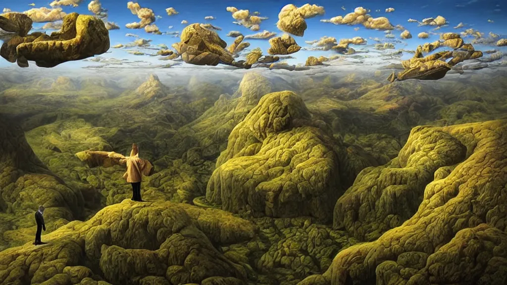 Image similar to surreal landscape with anthropomorphic!! terrain!!! in the styles of igor morski, jim warren, and rob gonsalves, intricate, hyperrealistic, volumetric lighting, serene, imaginative