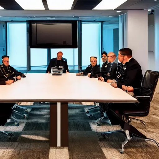 Image similar to a meeting between several futuristic military leaders in a futuristic board room